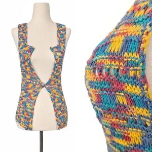 1970s Vintage Crochet Vest 70s Hand Knit Yarn Top Size XS Small Hippie Bohemian